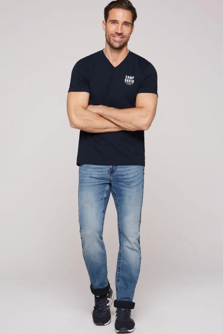 CAMP DAVID & SOCCX Basic T-Shirt V-Neck mit Logo Print blue navy bluenavy Store
