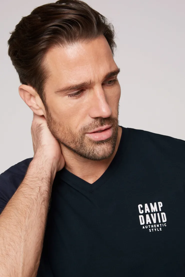 CAMP DAVID & SOCCX Basic T-Shirt V-Neck mit Logo Print blue navy bluenavy Store