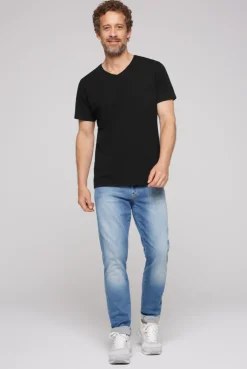 CAMP DAVID & SOCCX Basic T-Shirt V-Neck mit Used-Kante black Cheap