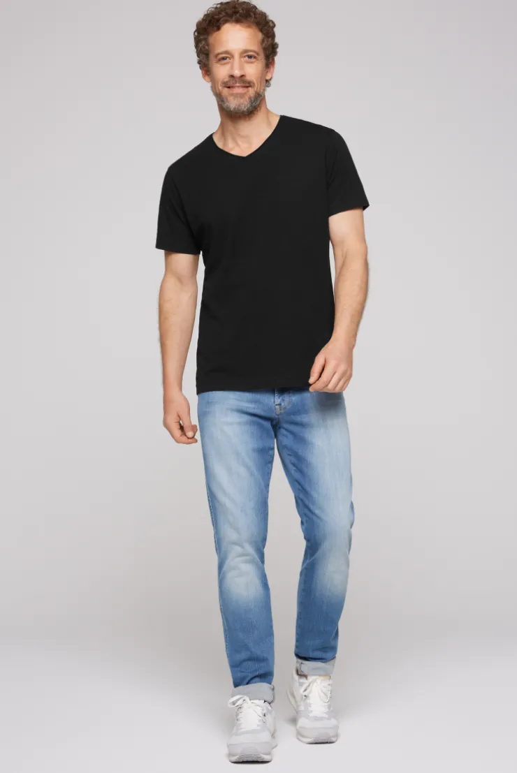 CAMP DAVID & SOCCX Basic T-Shirt V-Neck mit Used-Kante black Cheap