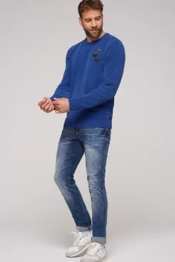 CAMP DAVID & SOCCX Chenille-Pullover Stone Washed mit Patches strong blue strongblue Hot