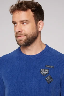 CAMP DAVID & SOCCX Chenille-Pullover Stone Washed mit Patches strong blue strongblue Hot