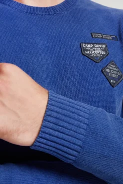 CAMP DAVID & SOCCX Chenille-Pullover Stone Washed mit Patches strong blue strongblue Hot