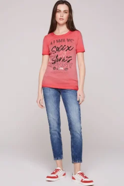 CAMP DAVID & SOCCX Geripptes T-Shirt mit Artwork red orange redorange Clearance