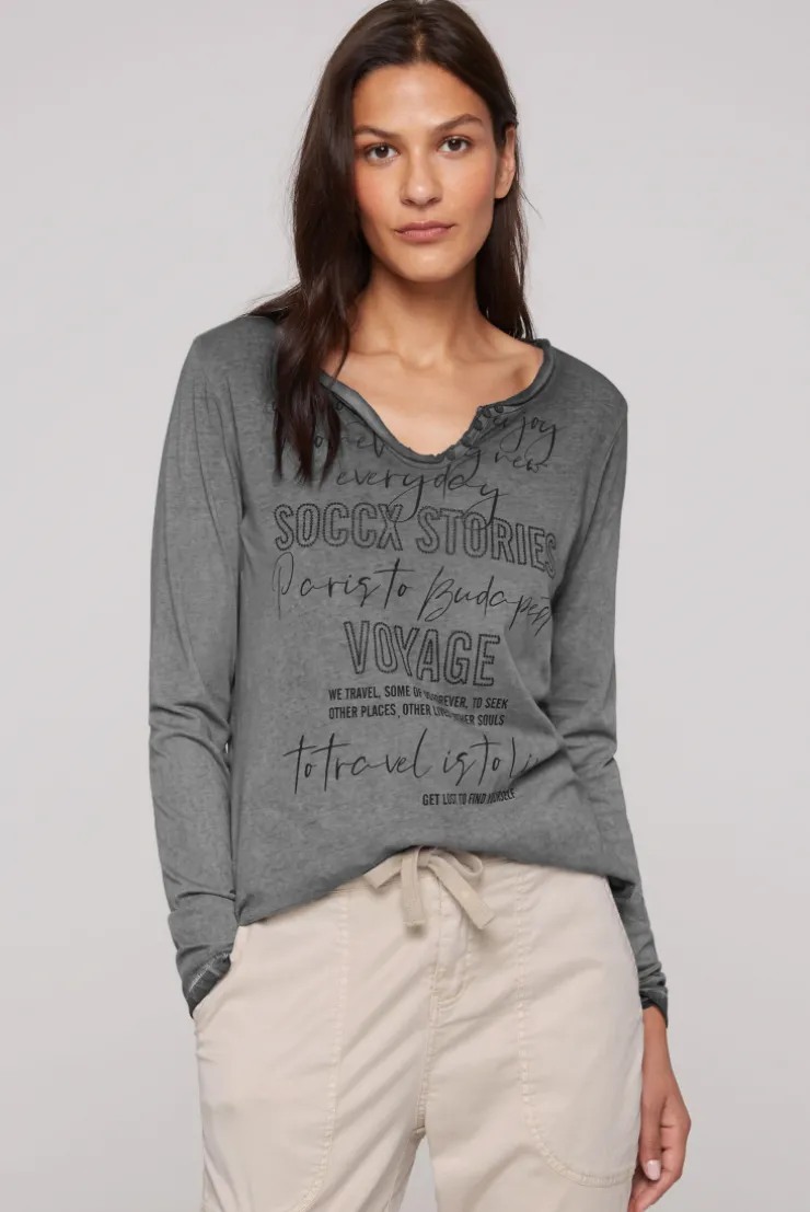 CAMP DAVID & SOCCX Henley-Shirt mit Wording Glitter Print black Cheap