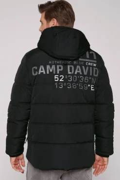 CAMP DAVID & SOCCX Lange Steppjacke mit Kapuze und Rücken-Artwork black Store