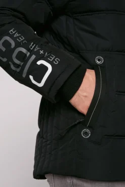 CAMP DAVID & SOCCX Lange Steppjacke mit Kapuze und Rücken-Artwork black Store