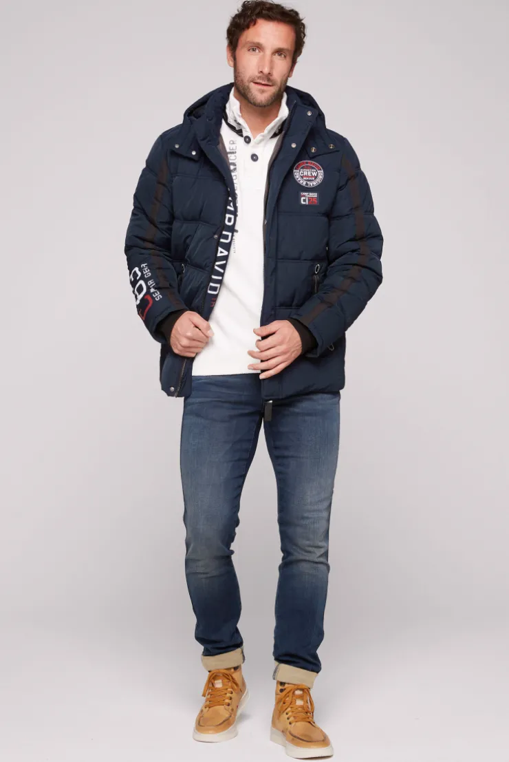 CAMP DAVID & SOCCX Lange Steppjacke mit Kapuze und Rücken-Artwork blue navy bluenavy Store