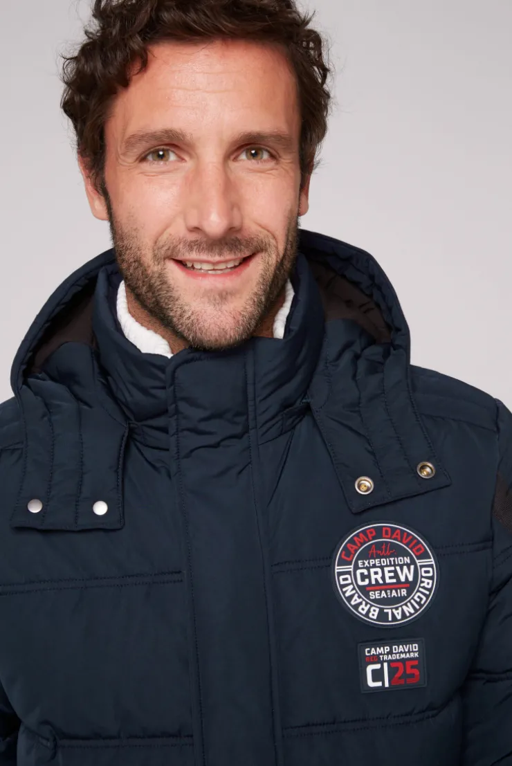 CAMP DAVID & SOCCX Lange Steppjacke mit Kapuze und Rücken-Artwork blue navy bluenavy Store
