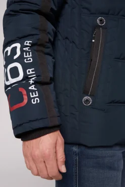 CAMP DAVID & SOCCX Lange Steppjacke mit Kapuze und Rücken-Artwork blue navy bluenavy Store