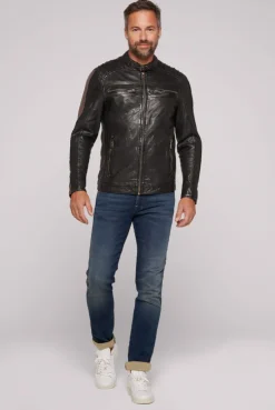 CAMP DAVID & SOCCX Lederjacke mit Racing-Streifen am Ärmel black Best Sale