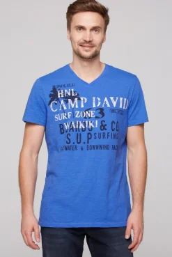 CAMP DAVID & SOCCX T-Shirt mit V-Neck und Print Artwork deep sky | S deepsky Cheap