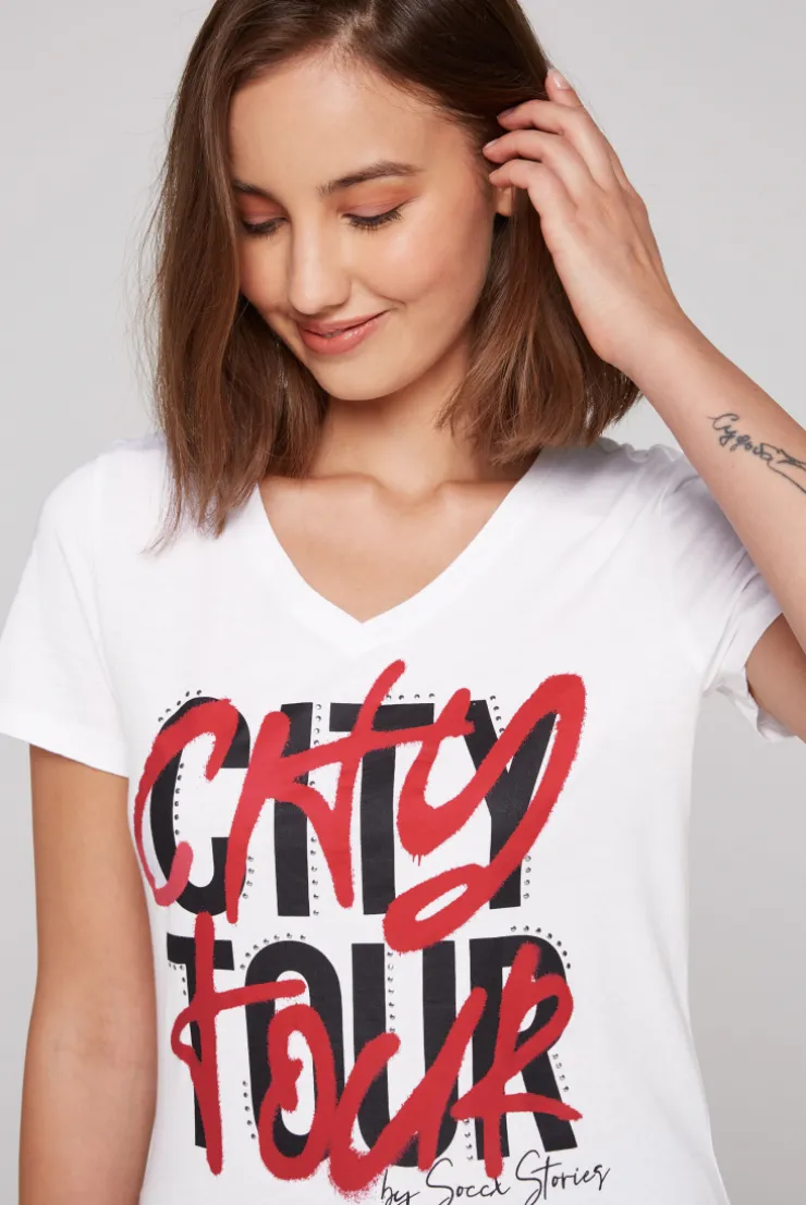 CAMP DAVID & SOCCX T-Shirt mit Wording Print und Schmucksteinen opticwhite Flash Sale