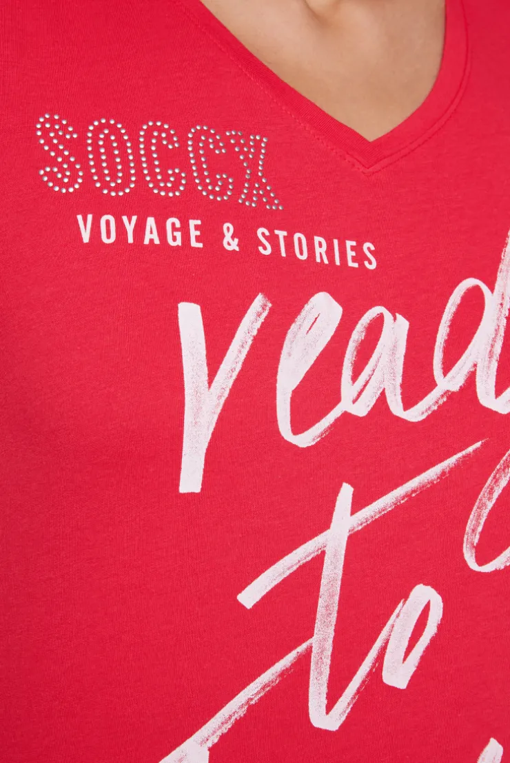 CAMP DAVID & SOCCX T-Shirt mit Wording Print und Schmucksteinen pinky red pinkyred Clearance